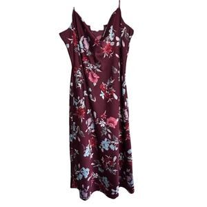 Hippie Rose Satin Floral Burgundy Cowl Neck Midi Slip Dress Whimsigoth Grunge L